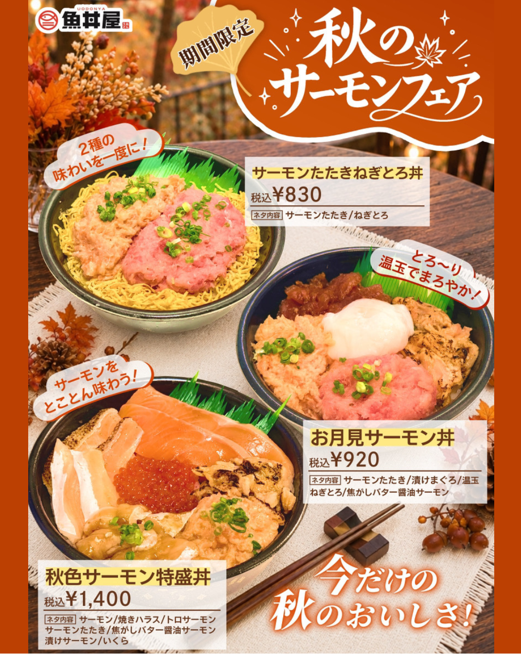 【期間限定】秋のサーモンフェア開催！サーモンたたきを使った贅沢な3種の海鮮創作どんぶり🍁
