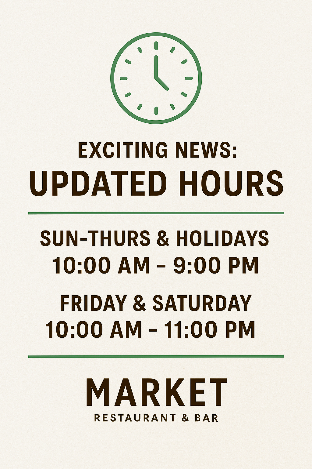 ⏰ Market Restaurant & Bar 新しい営業時間のお知らせ！⏰