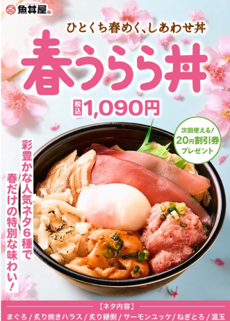 🌸春限定！ネタ6種の贅沢「春うらら丼」登場！次回使える20円引きクーポン付き✨